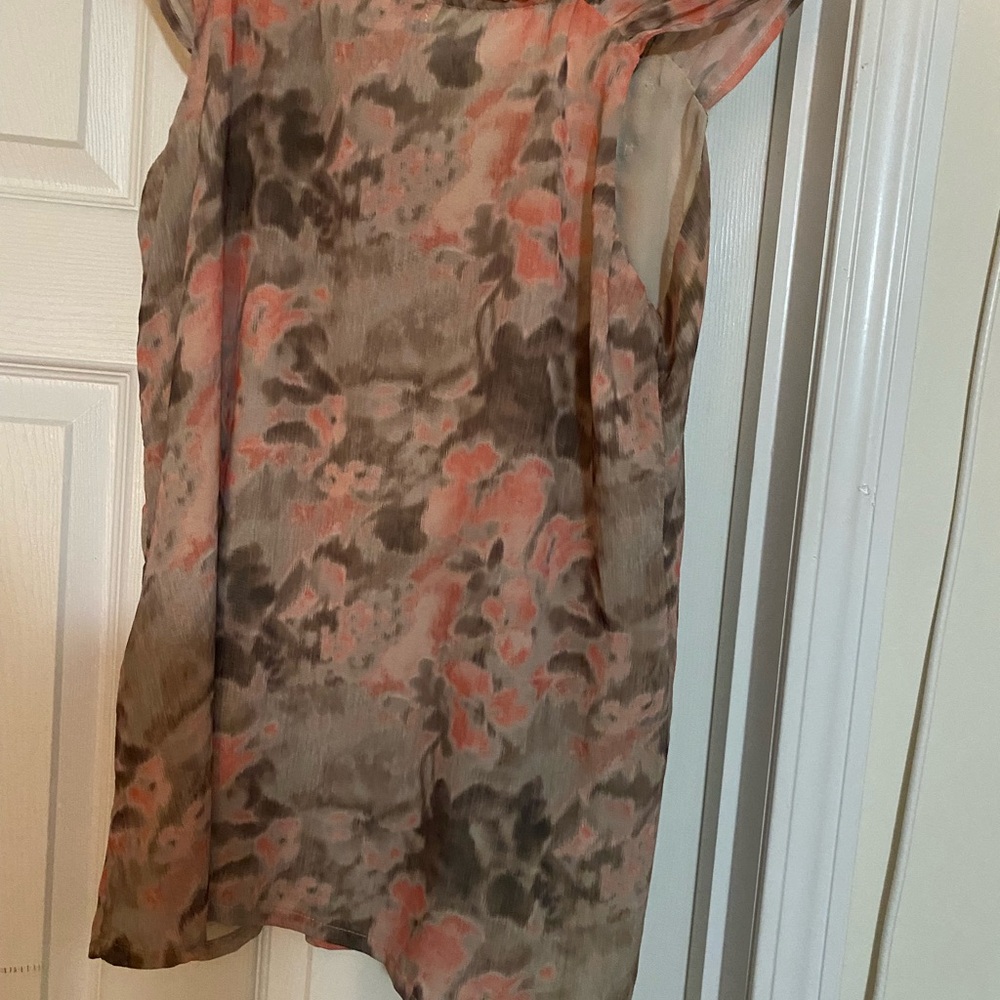 Velvet Soft Coral & Taupe Ruffled Neck Blouse - Picture 2 of 4